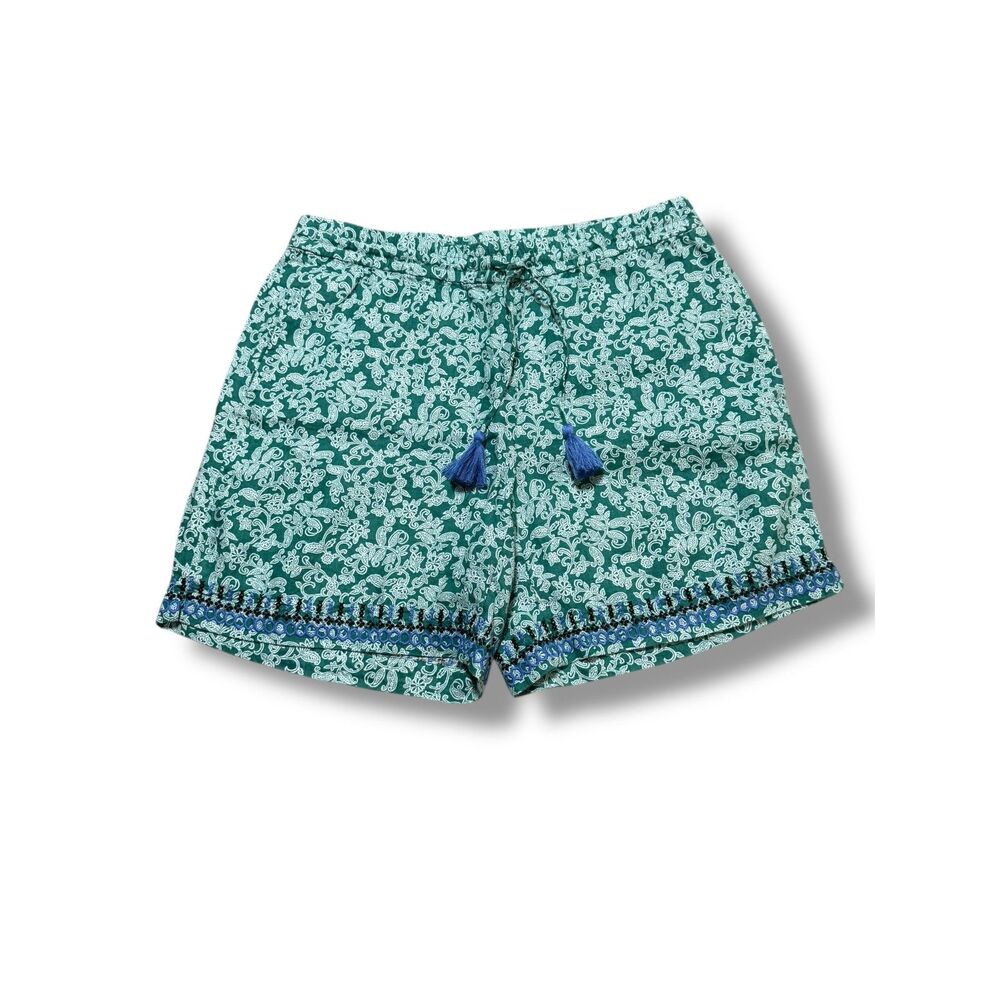 NEW J. Jill Linen Green Boho Floral Print Shorts Size Small/Petite Pull-On